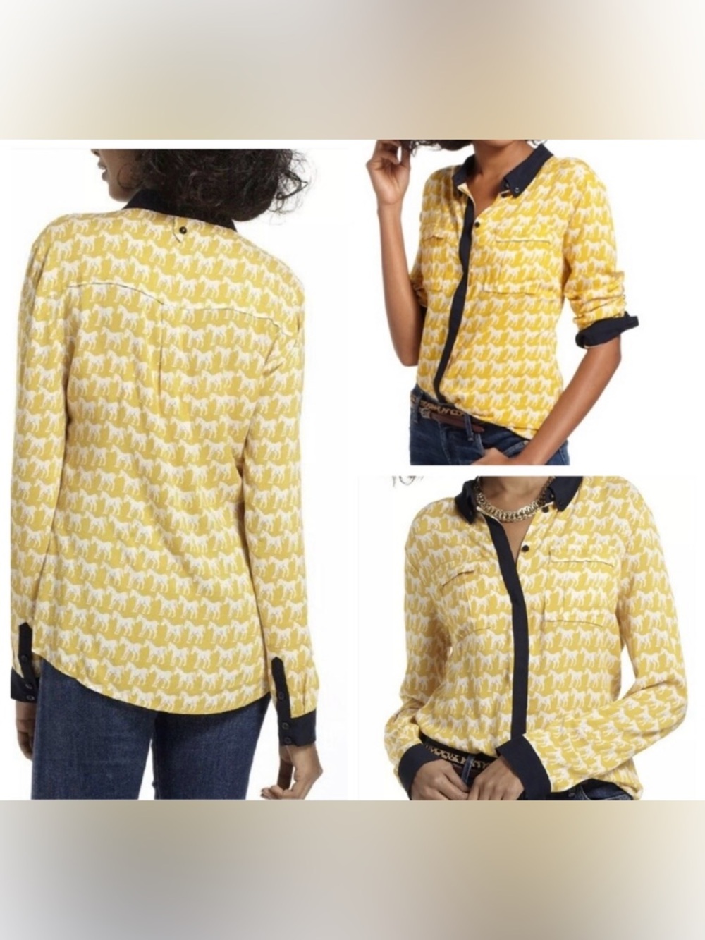 Anthropologie Maeve Bagatelle Horse Print Button Down Blouse Yellow (Size 0 XS)